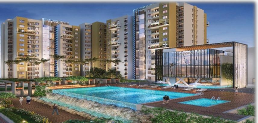Clubhouse and swimming pool deck at a residential development