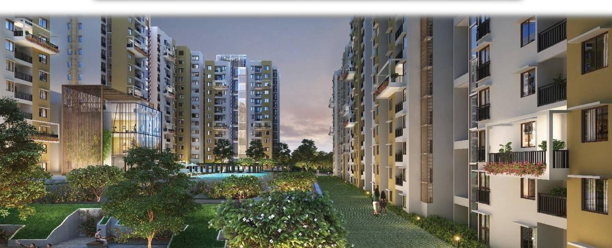 Landscaped courtyard between apartment blocks at dusk