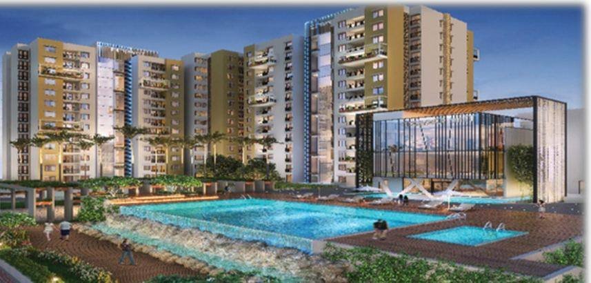 Clubhouse and swimming pool deck at a residential development